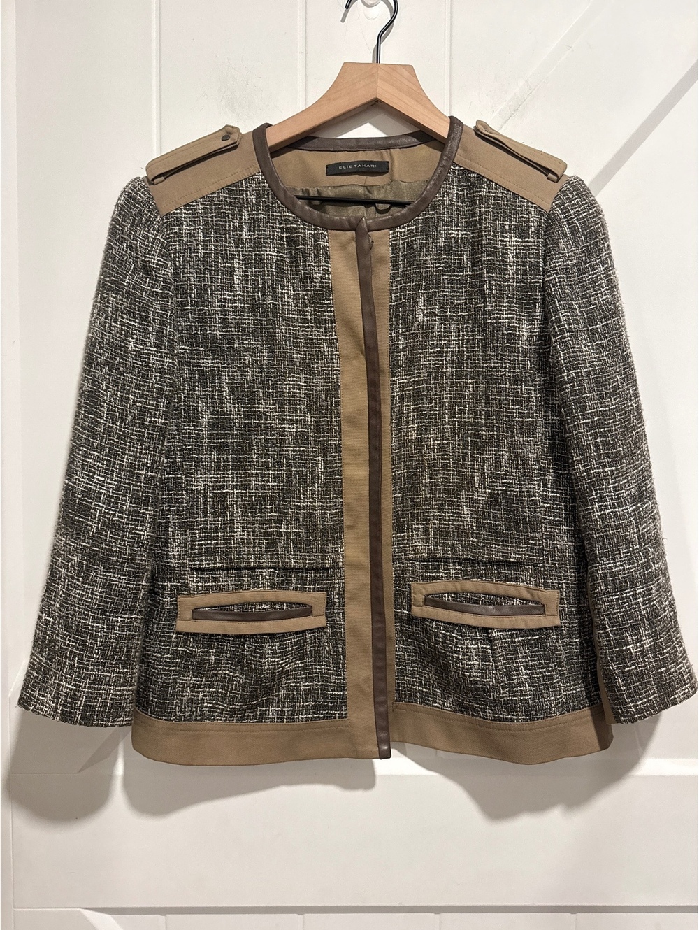 Elie Tahari Women's Tweed and Leather Trim Jacket Size US 12